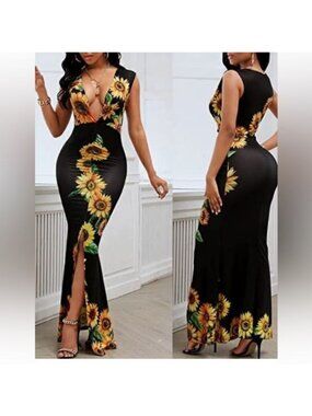 CBR Womens Sunflower Print Maxi Dress XL Cotton & Polyester